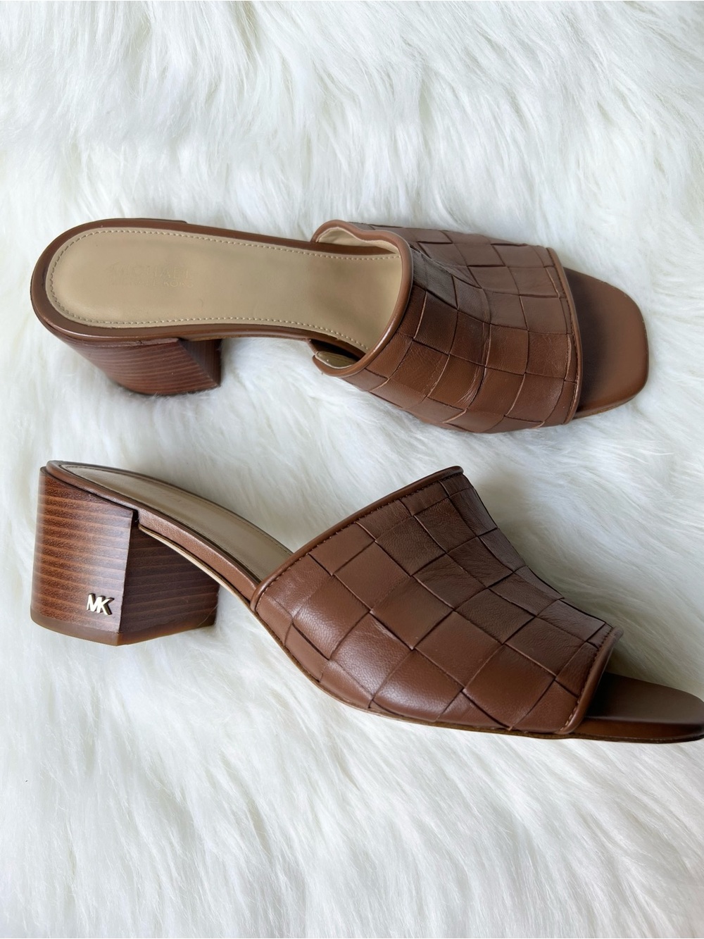 Michael Kors Ingrid Woven Leather Mule Sz 8 M Brown Block Heel Square Toe